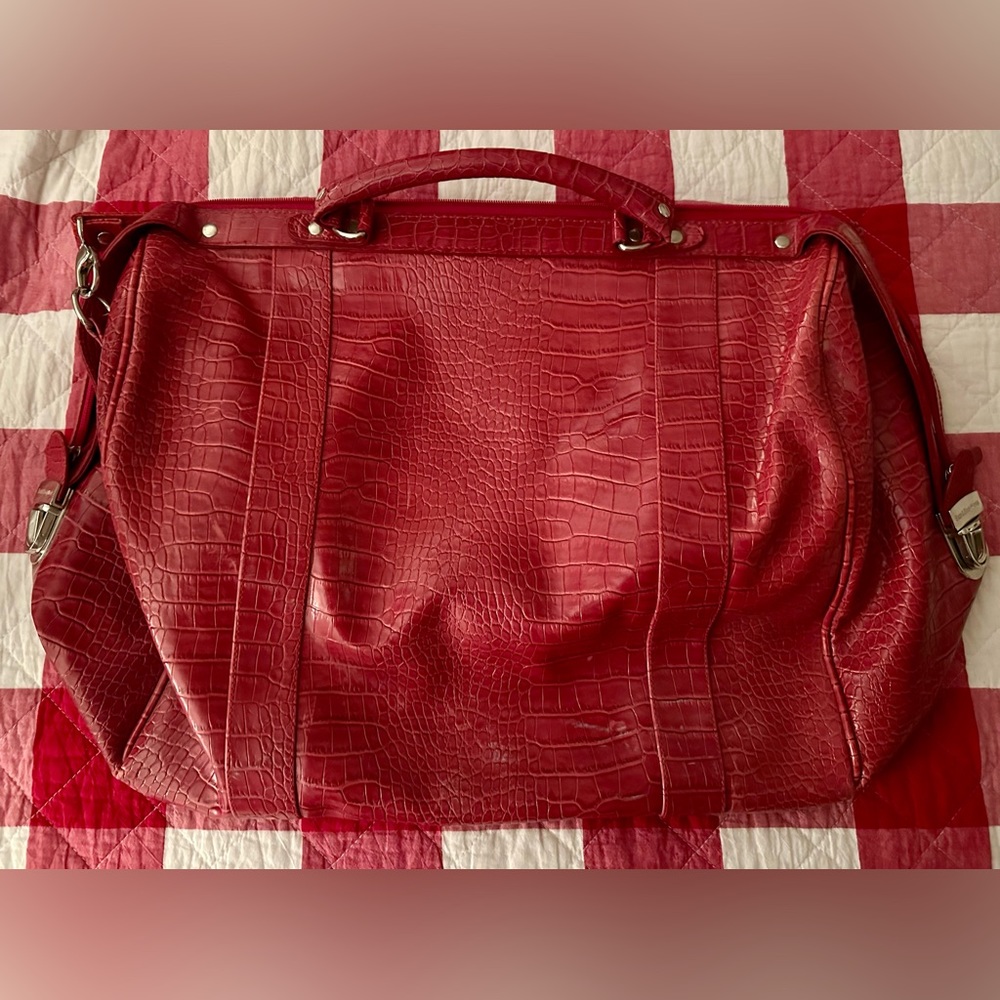 Red Faux Croc Leather Travel Bag